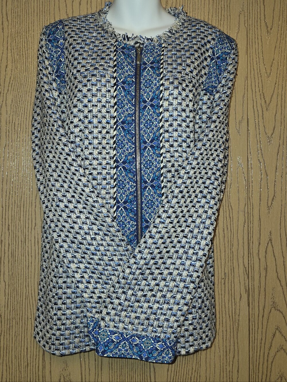 Chico's Woven Jacket with Blue Patterned Trim 3 NWT